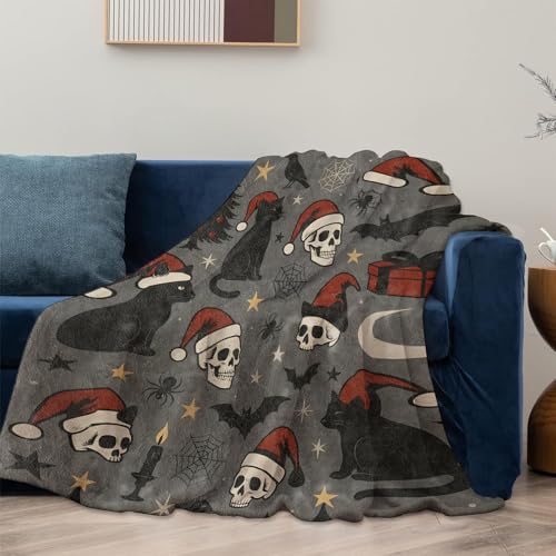 Mounidso Gothic Christmas Blanket 50x60 in – Black Cat, Skull, Bats & Santa Hat Flannel Throw