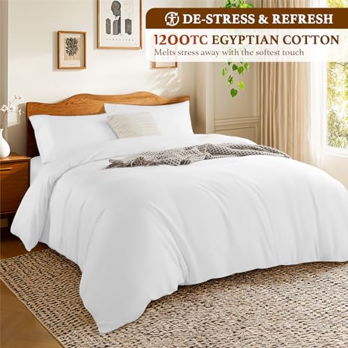 Luxury 100% Cotton King Duvet Cover Set, 1200 Thread Count, White