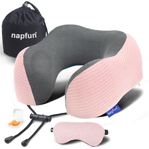 Memory Foam Travel Neck Pillow with Sleep Mask & Earplugs - Pink Striped