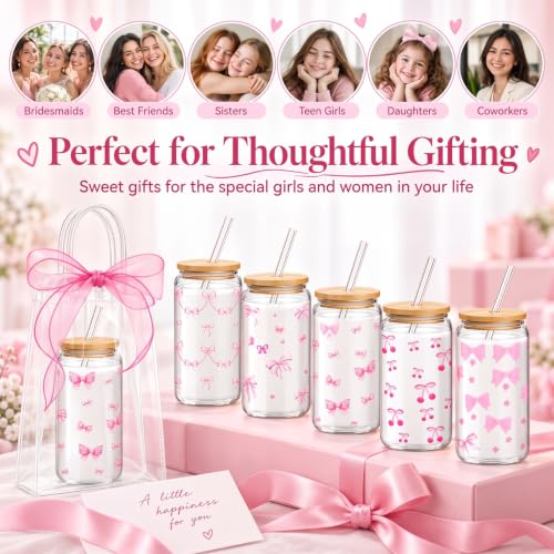 Mumufy 16 Sets Pink Bow Glass Cups with Lids & Straws Coquette Style