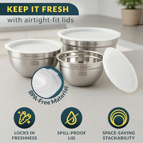 Stainless Steel Mixing Bowls with Lids Set of 3 - Nesting Prep & Storage Bowls
