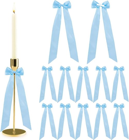 DICOSMETIC 12Pcs Sky Blue Bow Candlestick Decor - Large Polyester Ribbons for Christmas & Weddings