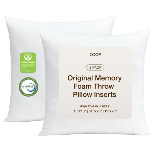 Coop Home Goods Original Adjustable Throw Pillow Inserts, Pack of 2, White, 20x20 Inches, Couch and Decorative Pillows with Memory Foam Fill