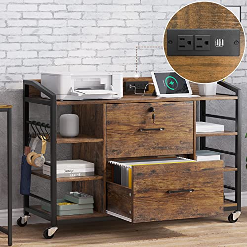 44-Inch Rolling File Cabinet with Lock, Power Strip, and Storage Shelves