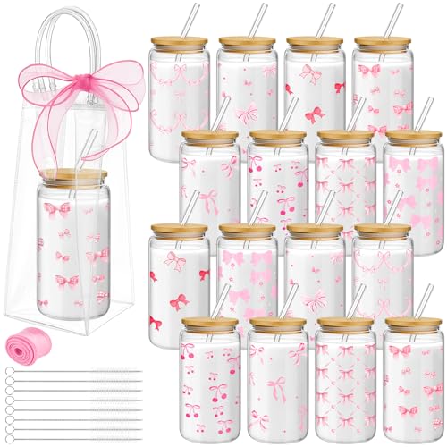 Mumufy 16 Sets Pink Bow Glass Cups with Lids & Straws Coquette Style
