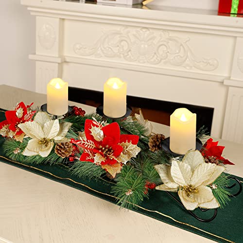 Christmas Poinsettia Candle Holder Centerpiece with 3 LED Candle Lights