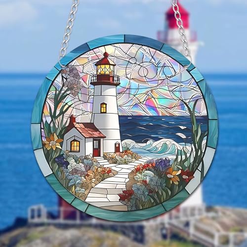Stained Glass Lighthouse Suncatcher - Round Window Panel Art
