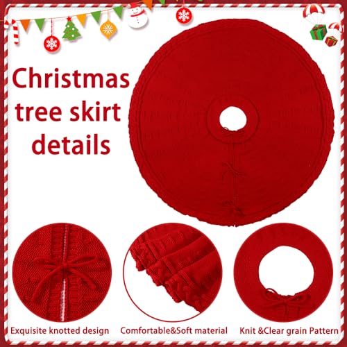 36-Inch Red Cable Knit Christmas Tree Skirt - Thick Rustic Farmhouse Decor