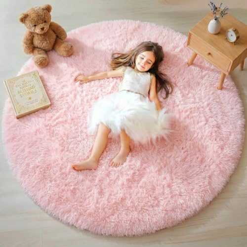 Soft Fluffy Round Area Rug (4ft) - Light Pink Non-Slip Plush Carpet