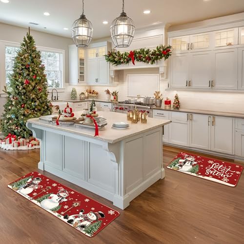 Christmas Kitchen Rugs Set of 2 with Snowmen & Red Truck – Holiday Floor Mats