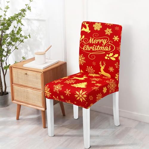 Red Snowflake Xmas Chair Covers Set of 6 - Elastic Removable Washable Dining Slipcovers for Holiday Decor