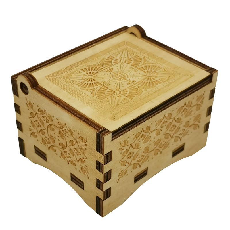 Vintage Wooden Hand Crank Music Box with Laser Engraved Design