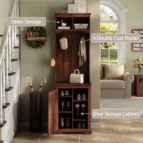 Farmhouse Hall Tree with Shoe Storage Bench, 6 Cubbies & 4 Coat Hooks, Brown