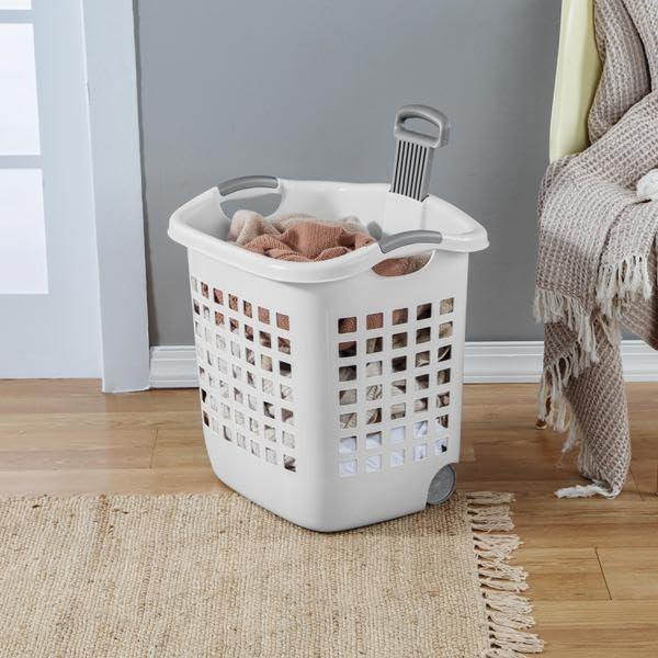 1.75 Bushel Wheeled Laundry Basket with Retractable Handle, White