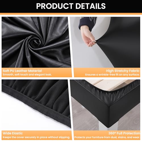 PU Leather Bed Frame & Headboard Cover - Queen Size, Black