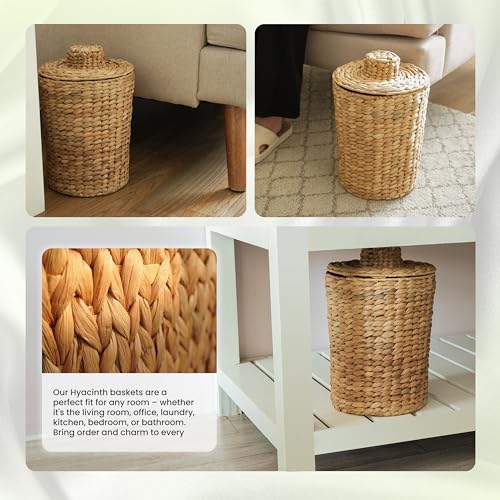Handwoven Water Hyacinth Bathroom Garbage Can with Lid, 2 Gallon Wicker Bin
