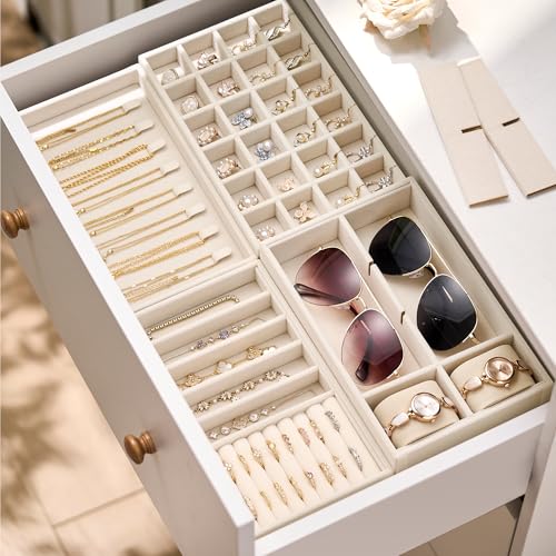 4-Layer Stackable Velvet Jewelry Organizer Trays with Removable Dividers