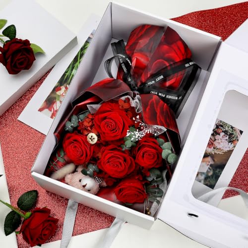 Preserved Rose Flower Bouquet with Bear in Gift Box