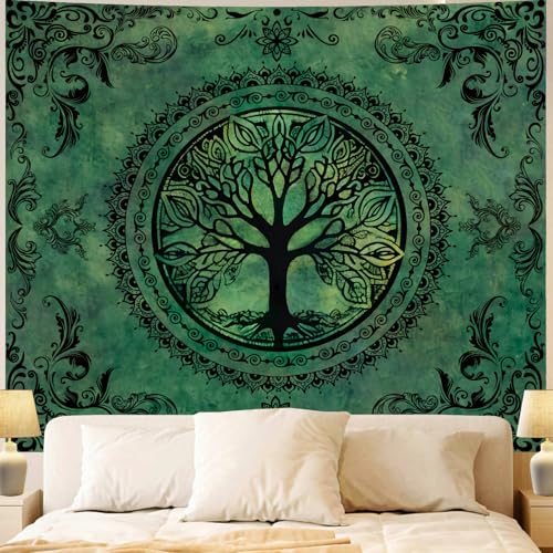 Tree of Life Wall Tapestry - Green Boho Mandala Hanging Decor (51" x 60")