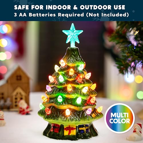 Joiedomi 7-Inch Ceramic Mini Christmas Tree with Multicolored Lights and Gift Box