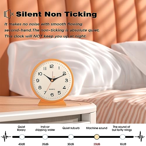 Silent 4.5" Retro Analog Alarm Clock - Non-Ticking Metal Desk Clock (Orange)