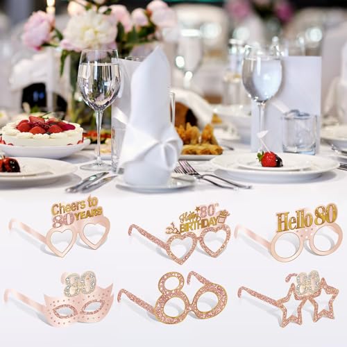 80th Birthday Paper Eyeglasses Photo Booth Props - 24 Pack Rose Gold