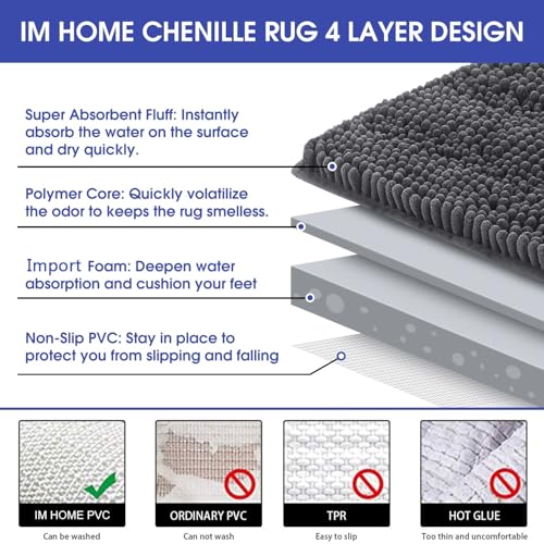 ACCUMTEK Striped Grey Chenille Bath Mat 32"x20" Non-Slip Shaggy Rug