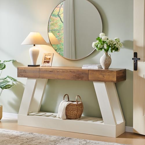 60-Inch Farmhouse Console Table with Drawer and Storage Shelf, Antique White
