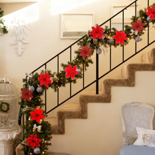 Nubry 30Pcs Red Glitter Poinsettia with Clips & Berry Picks - Red-30