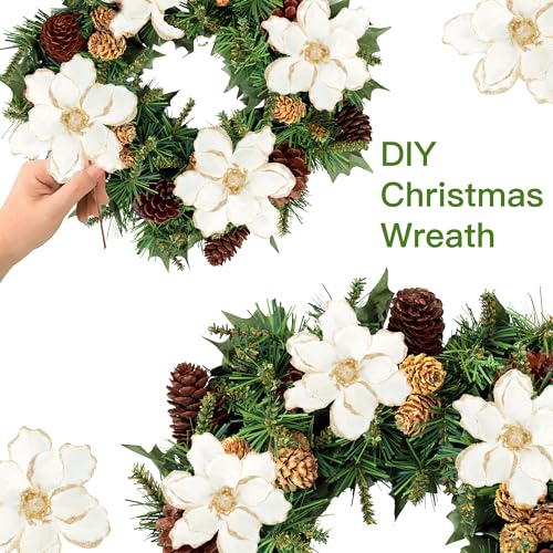 White 10Pcs Christmas Glitter Poinsettia & Velvet Magnolia Flower Ornaments - DIY Floral Picks