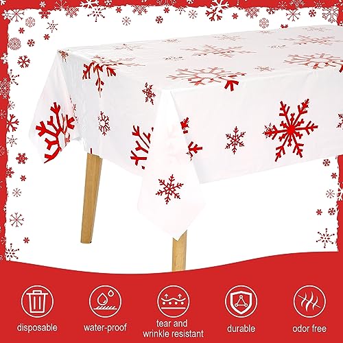 Red and White Snowflake Plastic Tablecloth Roll - 52 Inch x 100 ft for Events