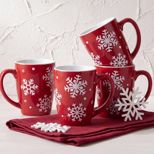 Bokon 4-Piece 12oz Snowflake Ceramic Mugs Set, Red