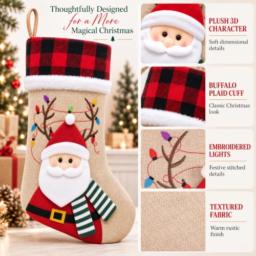 Elegantpark 5 Pack Rustic Christmas Stockings with 3D Holiday Characters - Burlap Buffalo Plaid, Large 20 Inch
