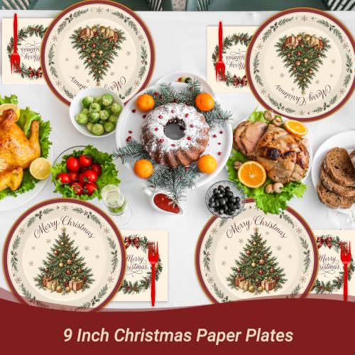 NestSail 200PCS Christmas Paper Plates Set 9x7 Inch for 50 Guests, Festive Holiday Tableware