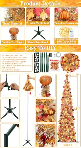 5FT Fall Tree with 50 Warm White Lights and Pumpkins - Battery Operated Halloween Decor