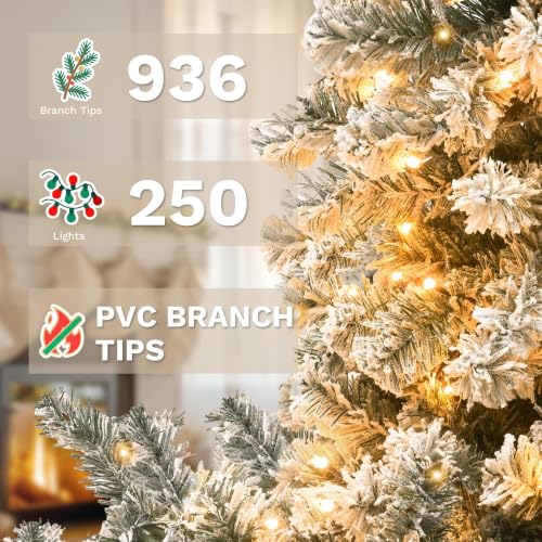 DWVO 6FT White Pre-Lit Flocked Christmas Tree with 936 Tips, 250 LEDs, Auto-Hinge