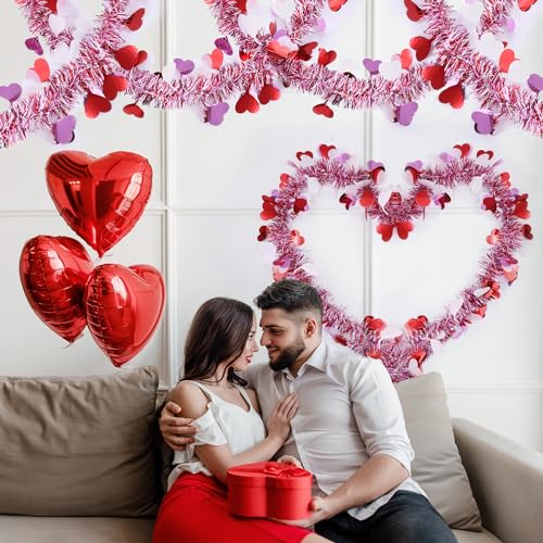 Valentine's Day Heart Tinsel Garland - 33 Ft Red Pink White Metallic Garland
