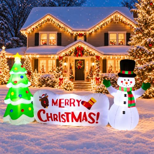 PTS 10ft Inflatable Christmas Snowman with Tree, LED Lights - Outdoor Yard Decor