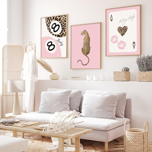 Preppy Cheetah Canvas Wall Art Set Pink Aesthetic Bedroom Decor