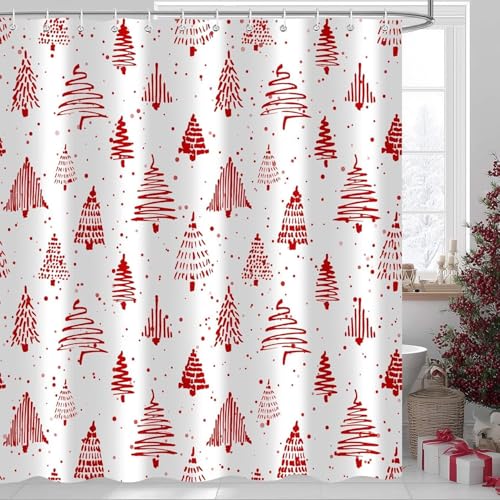 Emwnodti Red and White Christmas Shower Curtain 72x78 inch with 12 Hooks - Holiday Bathroom Decor