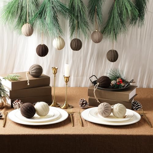 VioraWhite 12 Pack Neutral Christmas Crochet Ball Ornaments 2.36 Inch - Light Beige, Tan, Brown, White