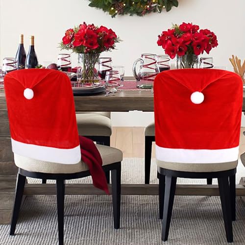 FOIMAS Red Christmas Santa Hat Chair Covers Pack of 4 - Holiday Dining Decor