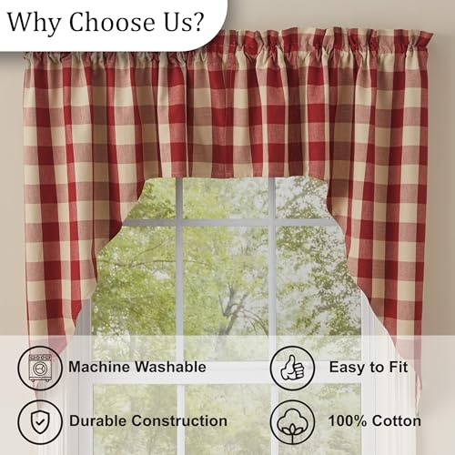 Buffalo Check Swag Curtains 72x36 Red & Tan Cotton Farmhouse Window Set