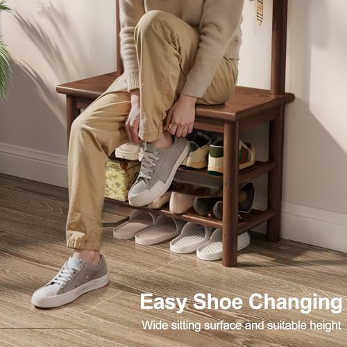 Wooden Hall Tree with Bench, 11-Hook Coat Rack and 2-Tier Shoe Storage