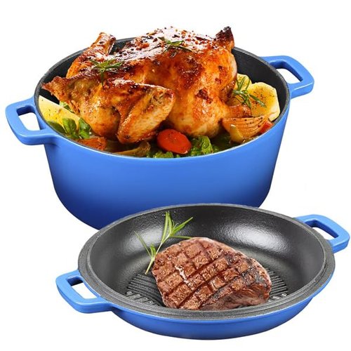 5Qt Dutch Oven, 2-In-1 Enamel Cast Iron Dutch Oven Pot with Skillet Lid, Heavy Duty Oven Safe Cookware for Sourdough Bread Baking Braising, Roasting Stewing Frying Simmering, Multi Stoves, Easy Clean (Gradient Blue)