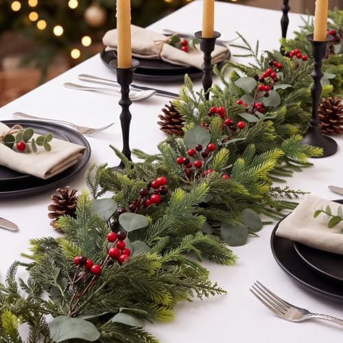2Pcs 6Ft Real Touch Norfolk Pine Garland with Red Berries – Winter Holiday Decor