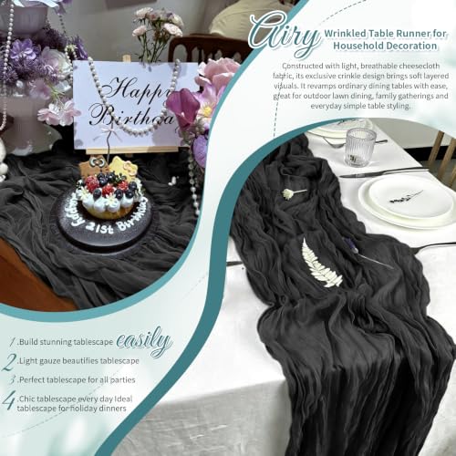 Black Boho Cheesecloth Table Runner 12 Pack 17x108 Inches - Elegant Sheer Gauze for Weddings & Events