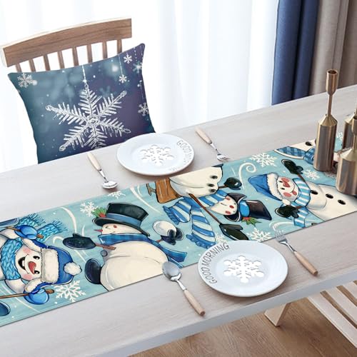 Croar Winter Skiing Snowman Blue Table Runner 13 x 72 in - Christmas Snowflake Decoration