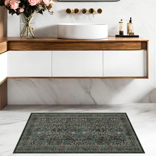 Dark Green Washable Entry Rug 2x3 - Non-Slip Vintage Floral Throw Rug