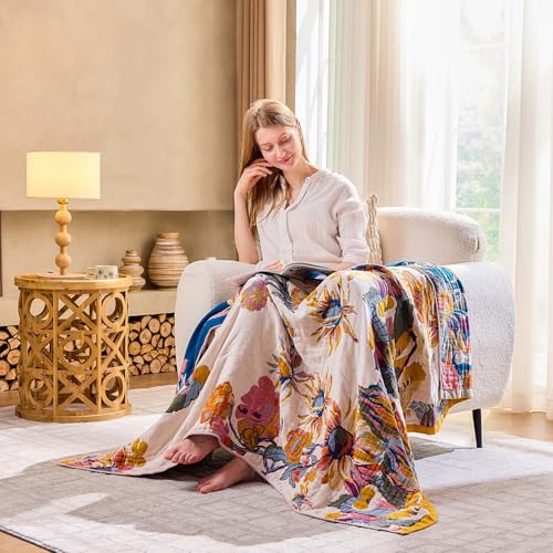 Boho Floral Cotton Throw Blanket, 50x60 Reversible Farmhouse Quilt